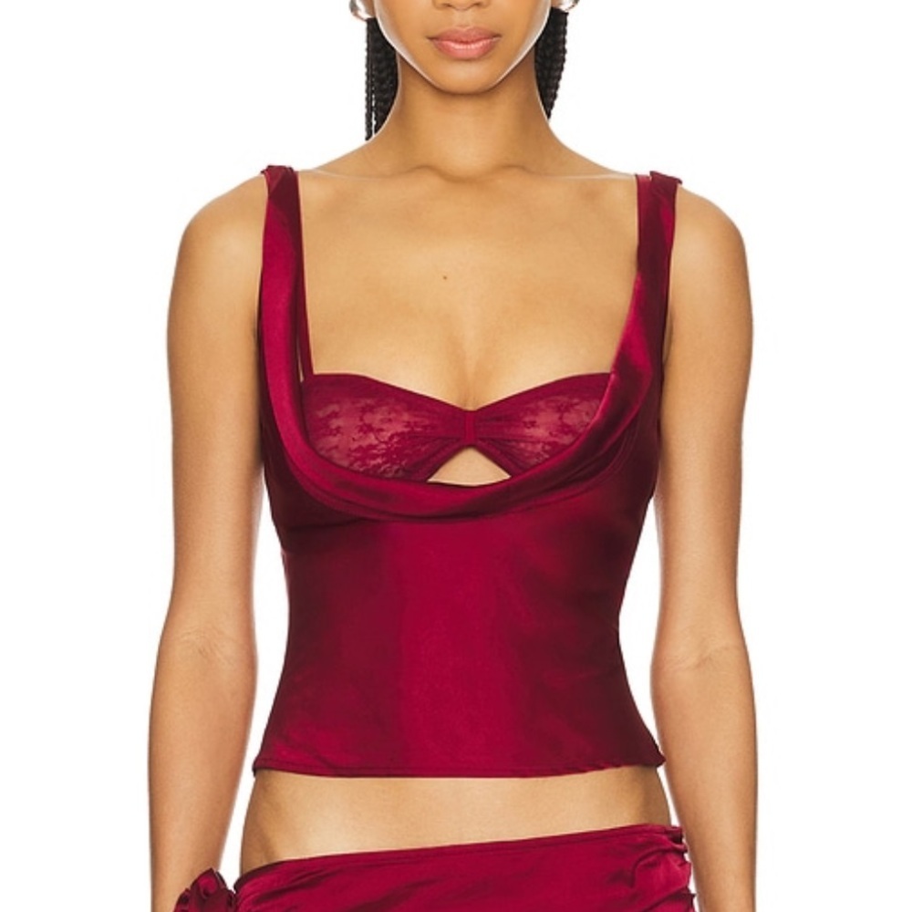 Lioness Delilah Top in Burgundy red satin lace bralette camisole set Revolve S